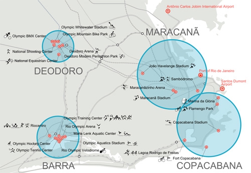 Carte de Rio de Janeiro, montrant les sites de compétition prévus pour les Jeux olympiques d'été 2016 (Felipe Menegaz)