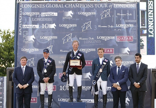 Le podium du LGCT GRand Prix de Londres : Rolf Göran Bengtsson, John Whitaker et Simon Delestre (Photo LGCT)