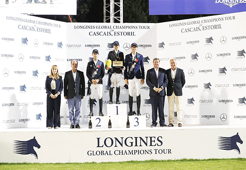 Ana-Paula Pereira (Manager Longines Portugal), Carlos Carreiras (Mayor of Cascais), Maikel van der Vleuten (NED), Danielle Goldstein (ISR), Martin Fuchs (SUI), Jan Tops et Duarte Nobre Guedes (Président CSI Cascais) Crédit Photo: LGCT / Stefano Grasso