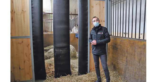 Pierre Fontaine explique le principe du box social : séparation ajourée pour favoriser le contact des chevaux